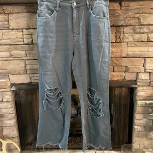 Green Distressed Blue Jeans with holes‎